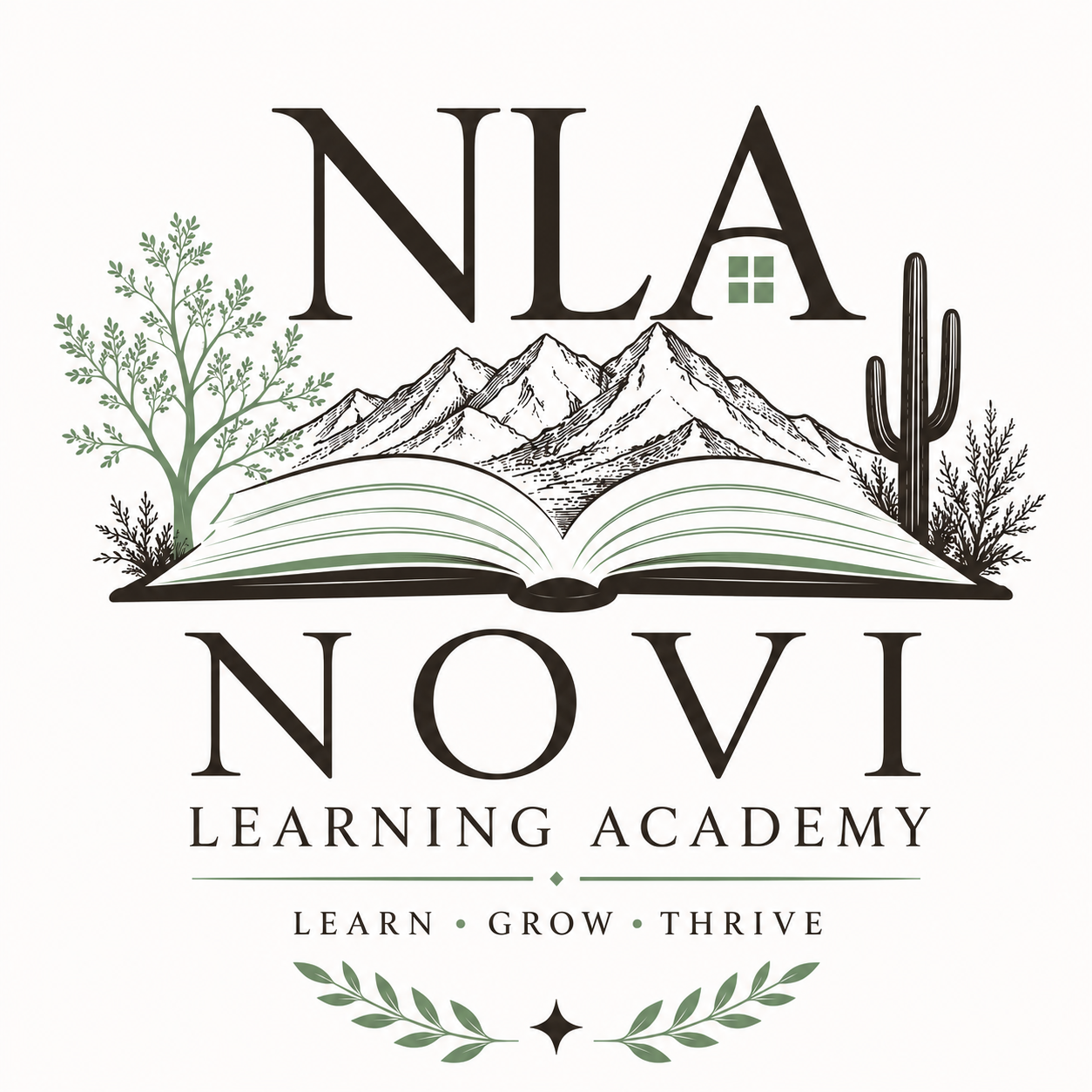 NoVi Learning Academy logo with an open book, mountains, and the words Learn, Grow, Thrive